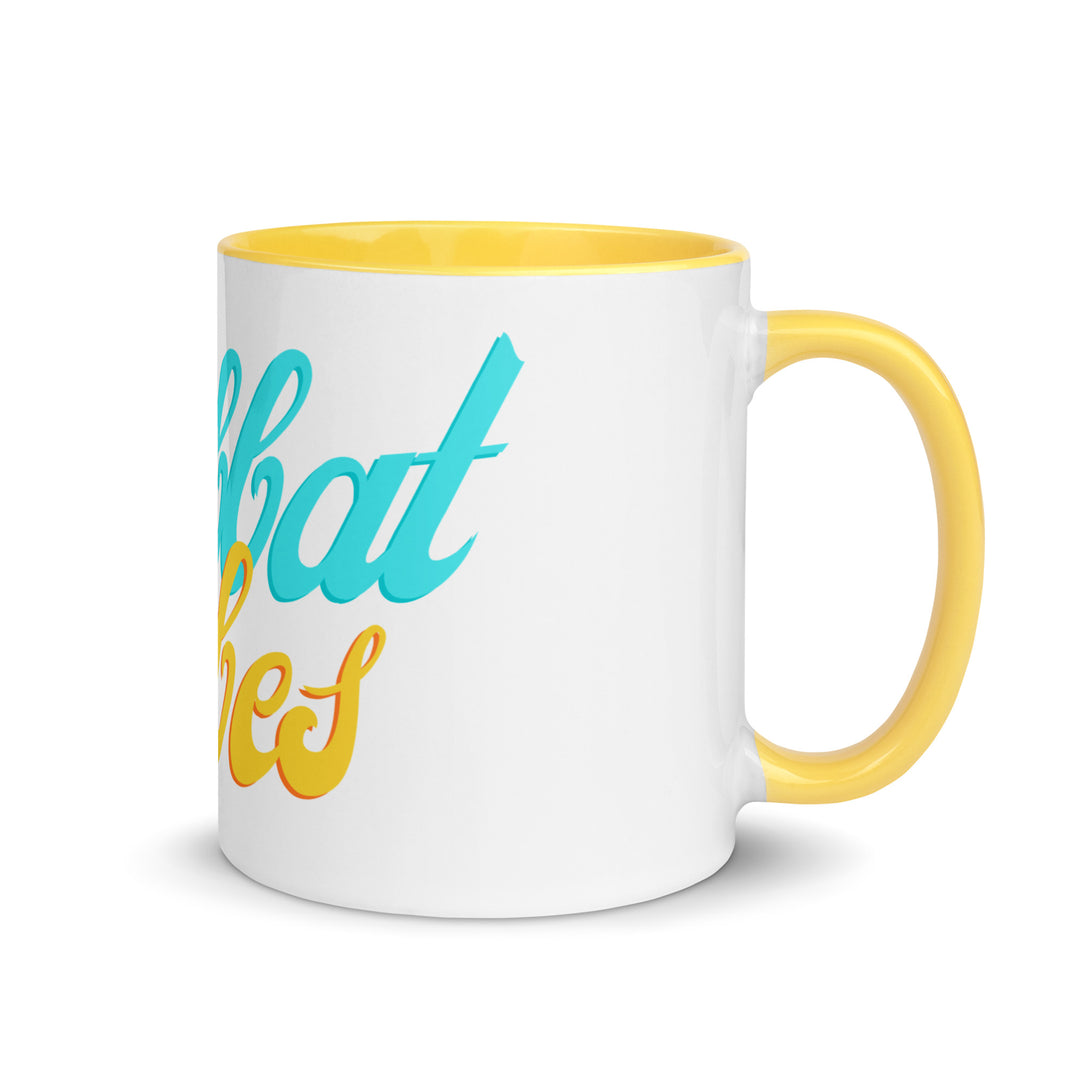 Shabbat Vibes Jewish pride mug with yellow inside, 11 oz - right side view