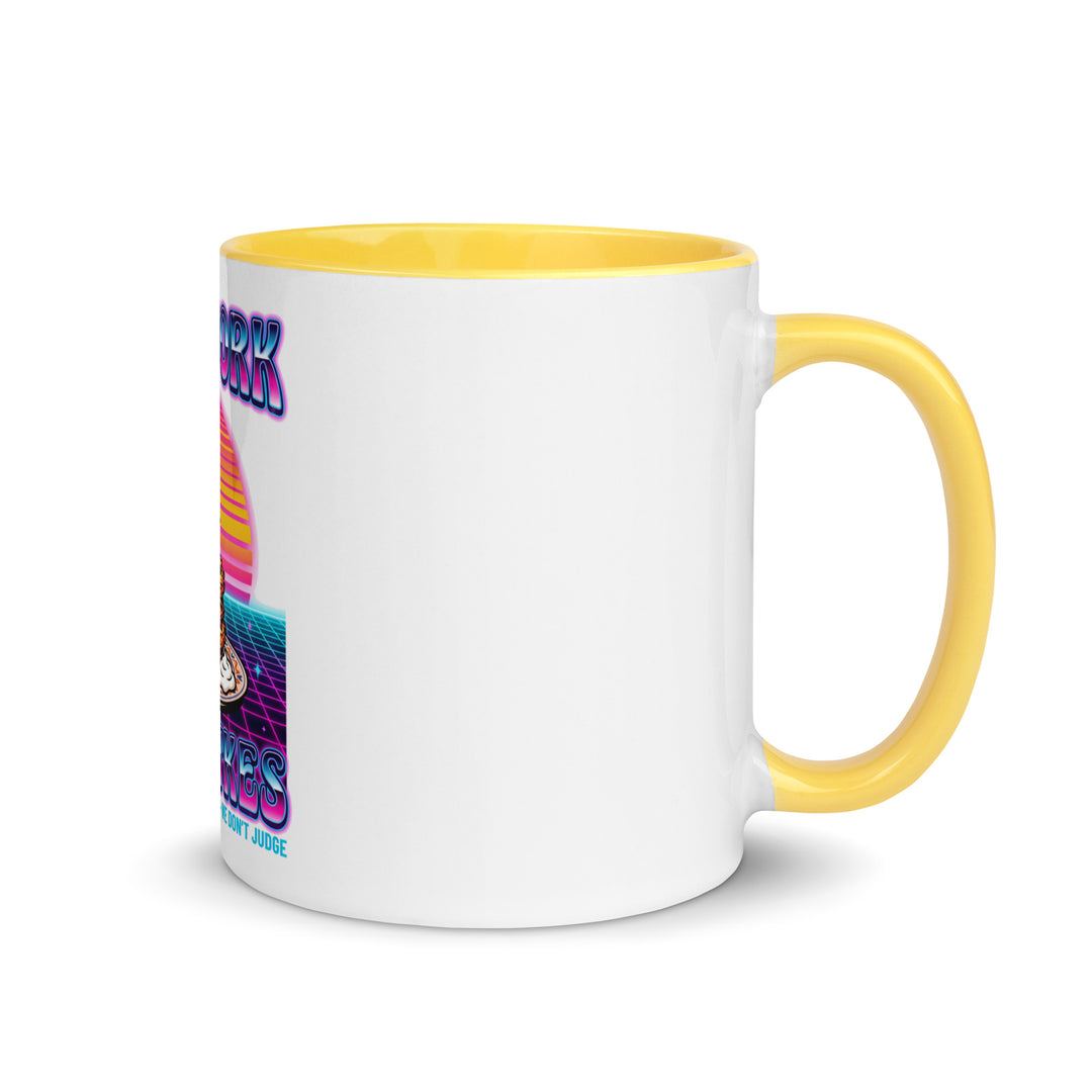 Will Work for Latkes 80s Jewish pride mug with yellow inside, 11 oz - right side view