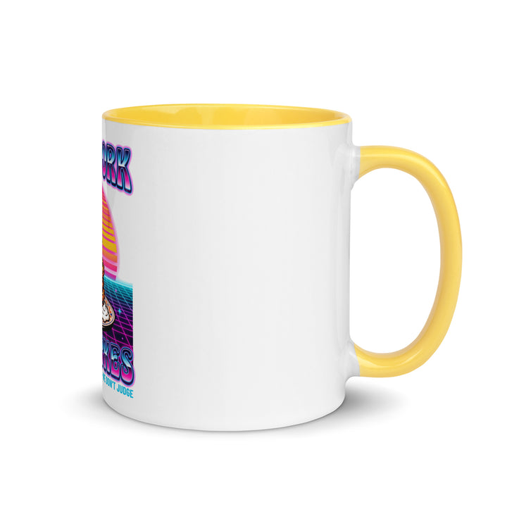 Will Work for Latkes 80s Jewish pride mug with yellow inside, 11 oz - right side view