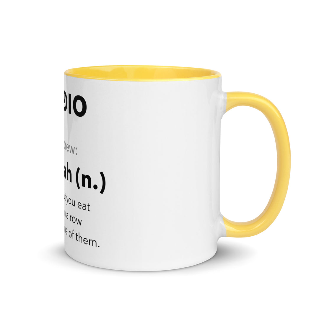 Learn Hebrew Sufganiyah Jewish pride mug with yellow inside, 11 oz - right side view