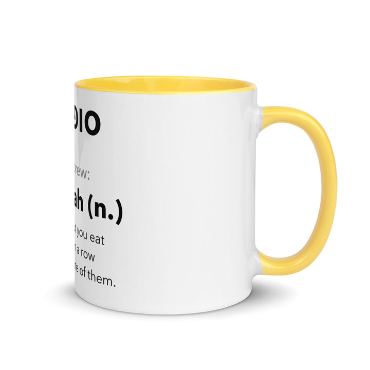 Learn Hebrew Sufganiyah Jewish pride mug with yellow inside, 11 oz - right side view