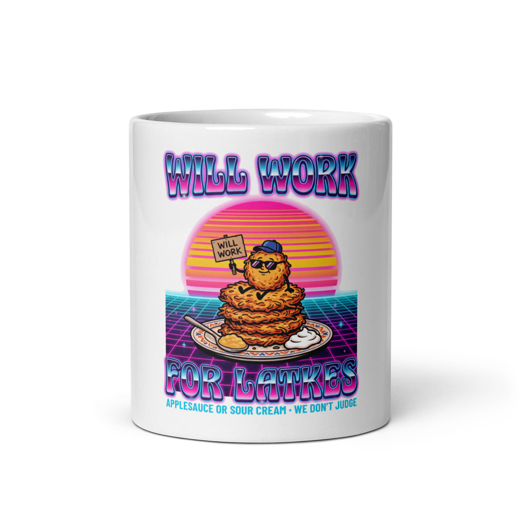 Will Work for Latkes 80s Jewish pride mug - front view