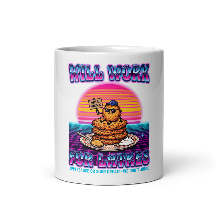 Will Work for Latkes 80s Jewish pride mug - front view
