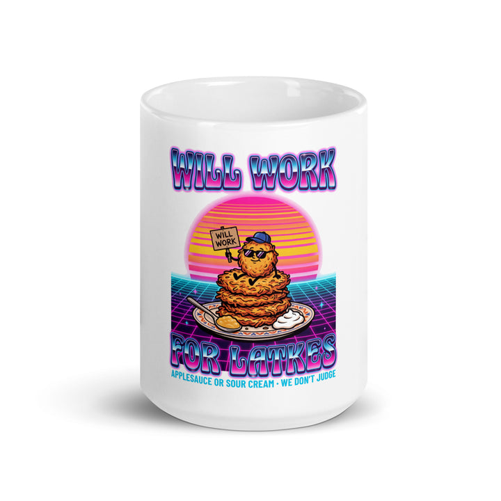 Will Work for Latkes 80s Jewish pride mug - lifestyle shot