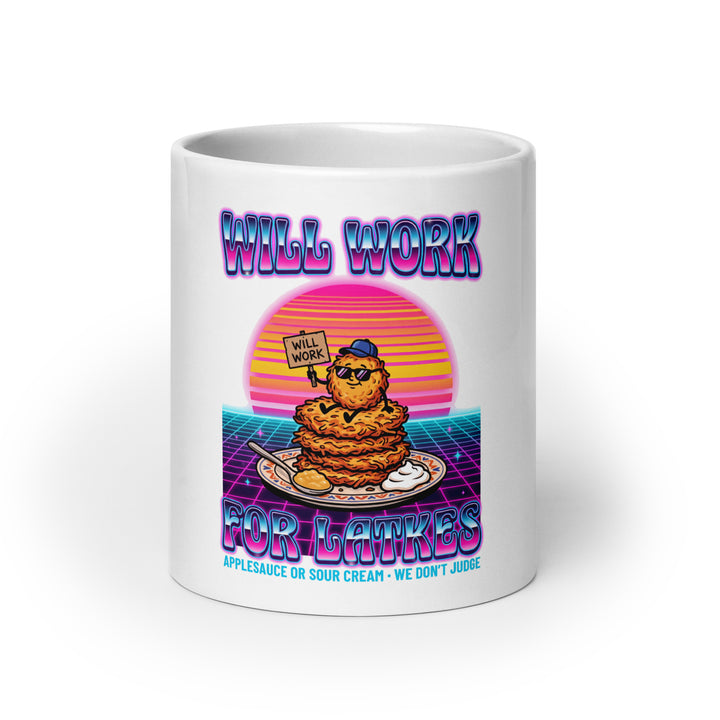Will Work for Latkes 80s Jewish pride mug - front view