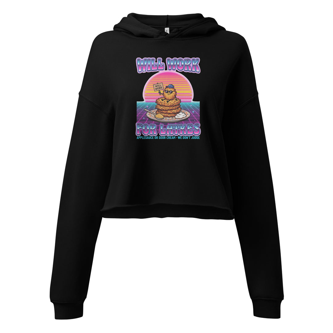 Will Work for Latkes 80s Jewish pride women's hoodie in Black - front view