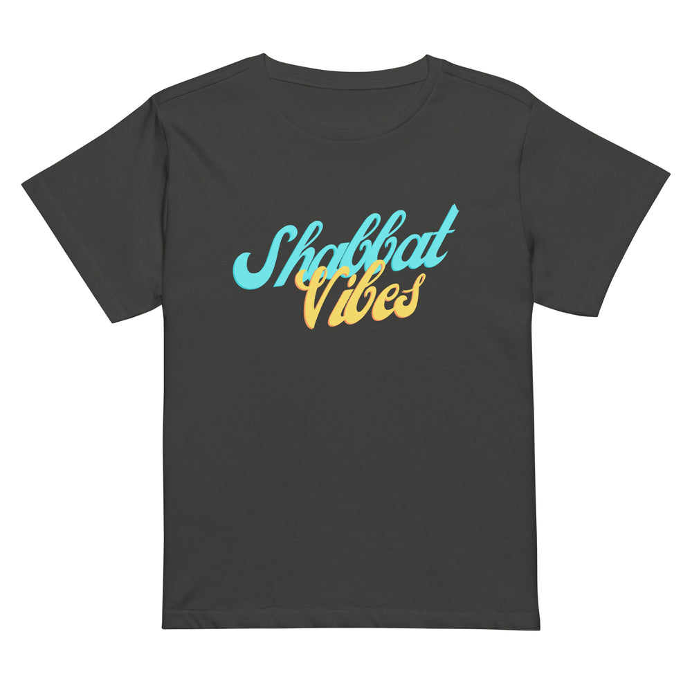 Shabbat Vibes Jewish pride women's women’s high waisted t-shirt in Vintage Black - back view