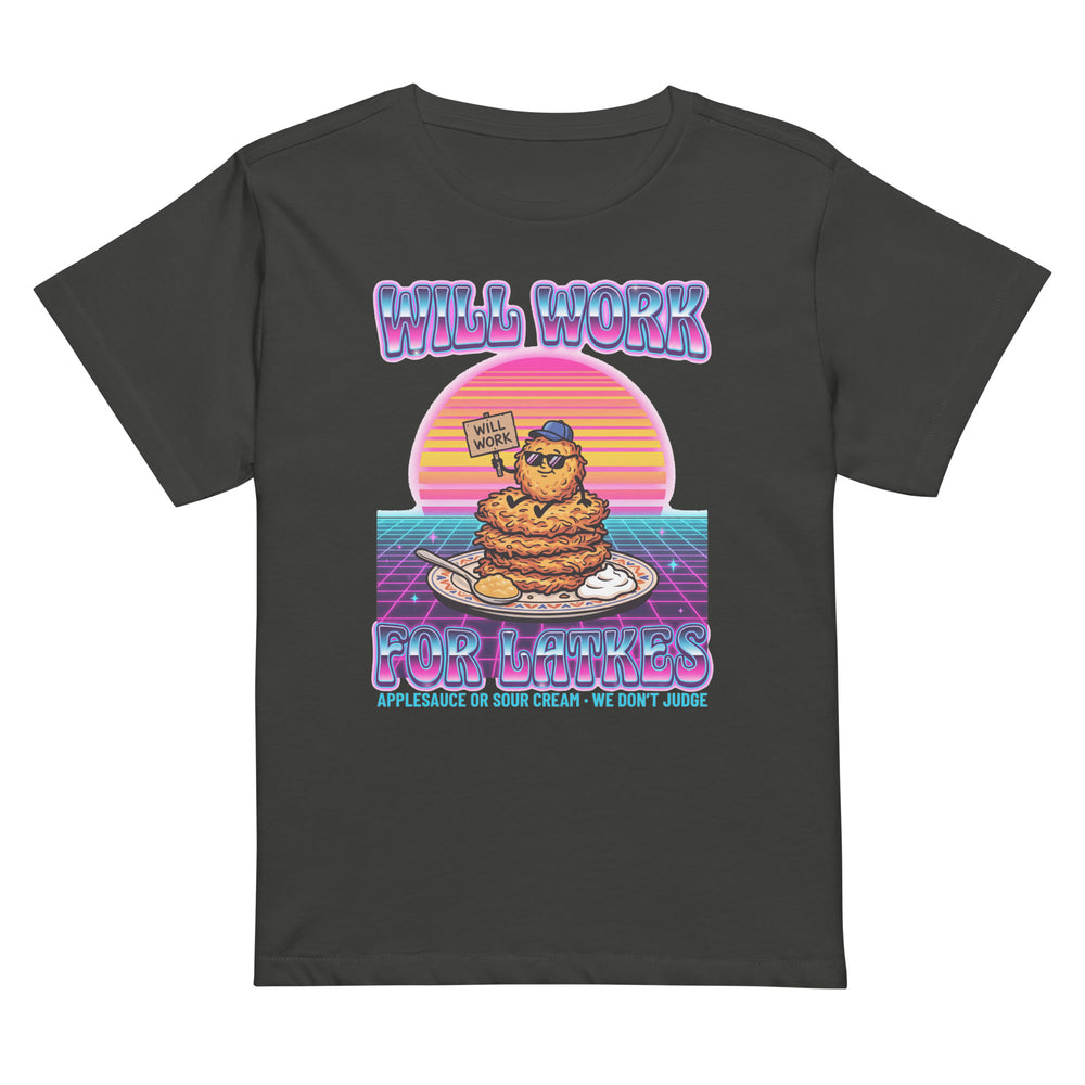 Will Work for Latkes 80s Jewish pride women's women’s high waisted t-shirt in Vintage Black - back view