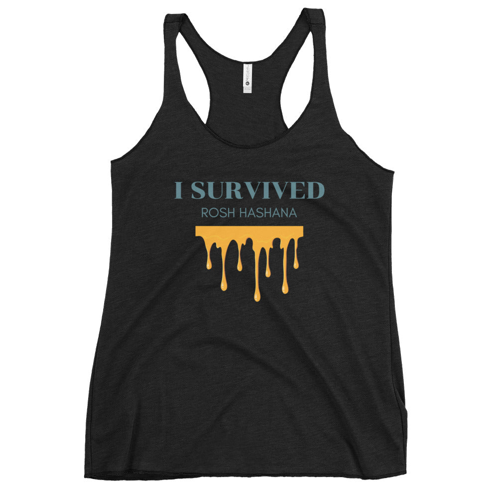 I Survived Rosh HaShana Jewish pride women's racerback tank in Vintage Black - back view