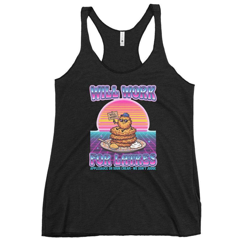 Will Work for Latkes 80s Jewish pride women's racerback tank in Vintage Black - front view