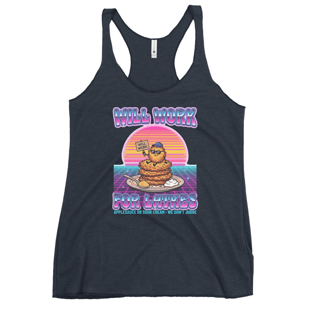 Will Work for Latkes 80s Jewish pride women's racerback tank in Vintage Navy - back view
