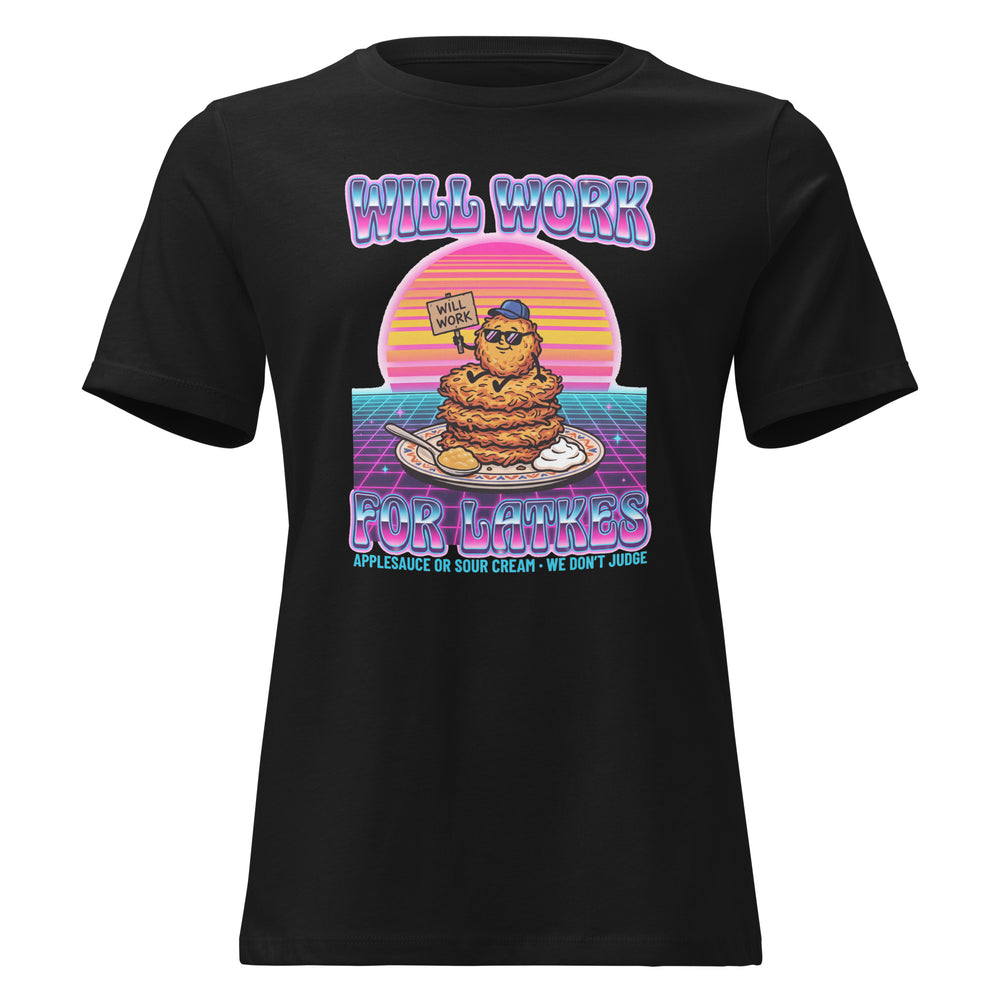 Will Work for Latkes 80s Jewish pride women's relaxed t-shirt in Black - back view