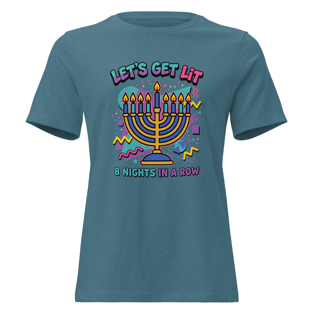 Lets Get Lit 90s Jewish pride women's relaxed t-shirt in Heather Deep Teal - back view