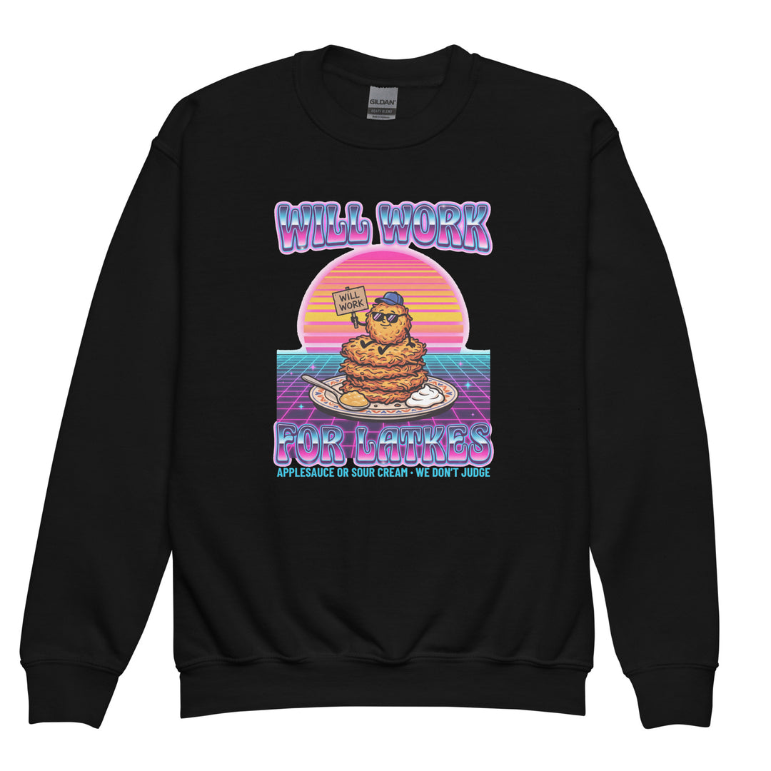 Will Work for Latkes 80s Jewish pride kids sweatshirt in Black - front view