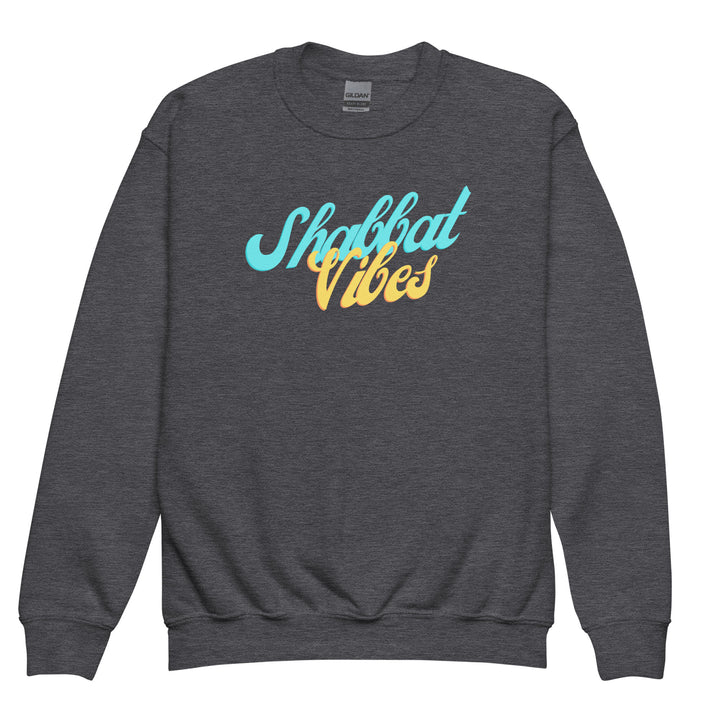 Shabbat Vibes Jewish pride kids sweatshirt in Dark Heather - flat lay