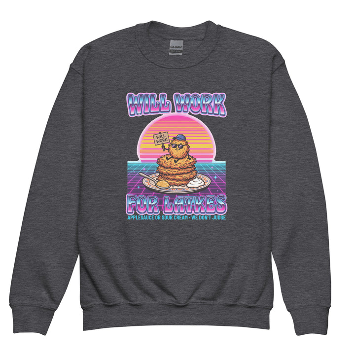 Will Work for Latkes 80s Jewish pride kids sweatshirt in Dark Heather - flat lay