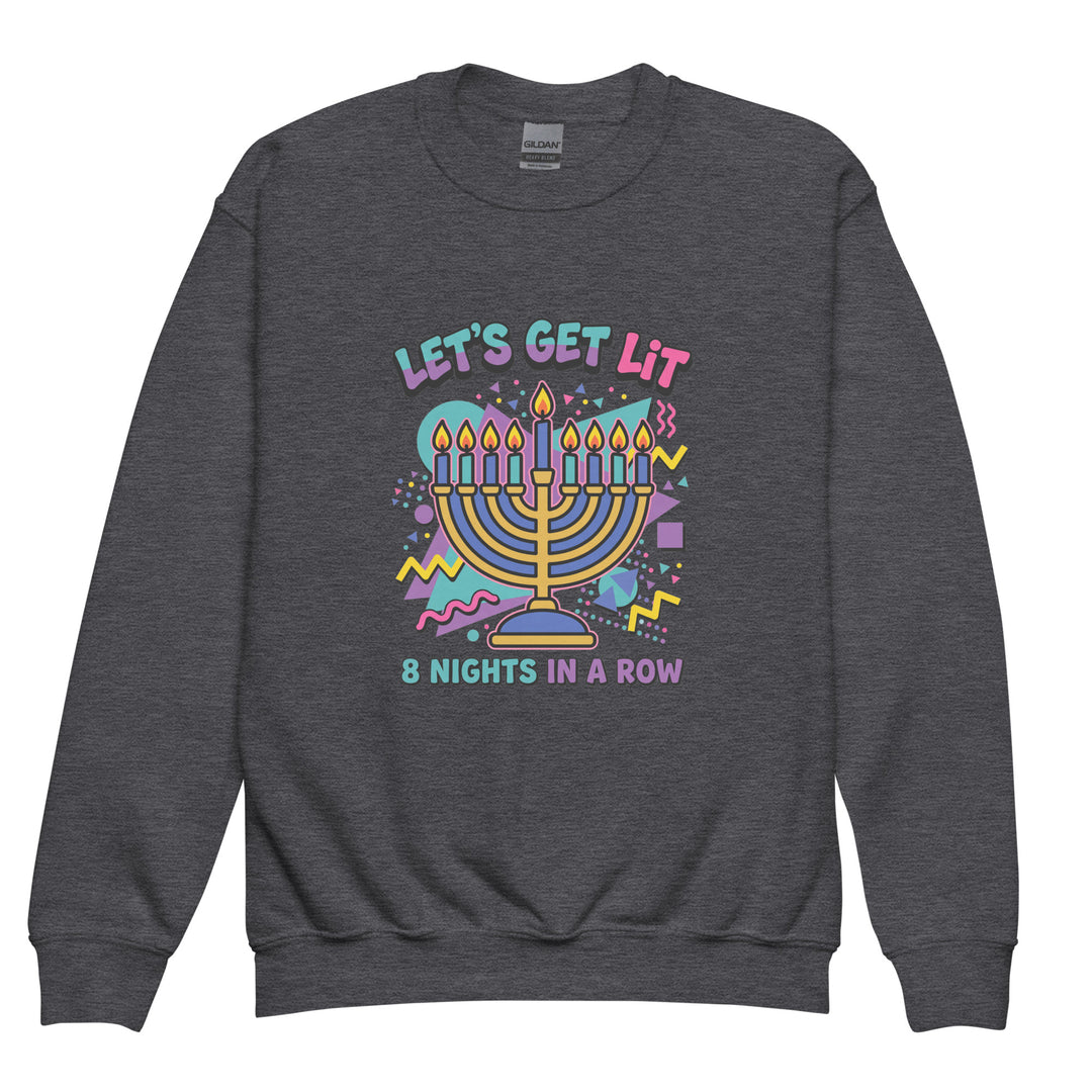Lets Get Lit 90s Jewish pride kids sweatshirt in Dark Heather - close-up