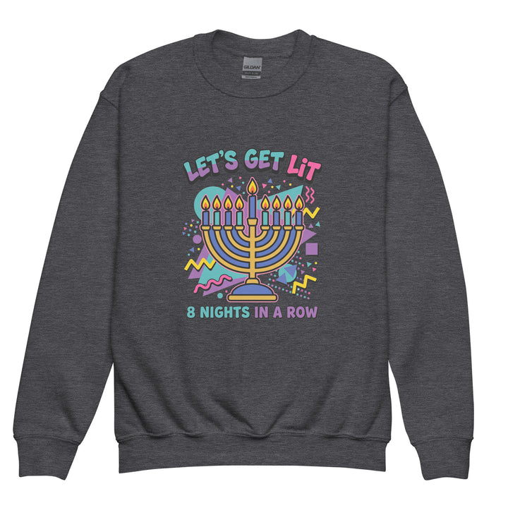 Lets Get Lit 90s Jewish pride kids sweatshirt in Dark Heather - close-up
