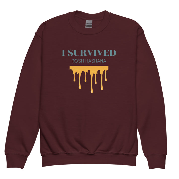 I Survived Rosh HaShana Jewish pride kids sweatshirt in Maroon - detail view