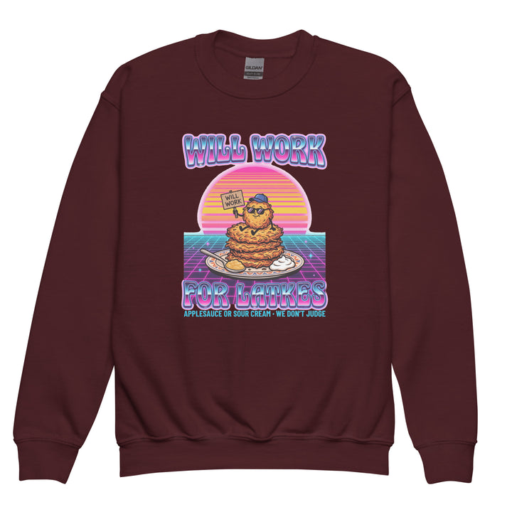 Will Work for Latkes 80s Jewish pride kids sweatshirt in Maroon - detail view