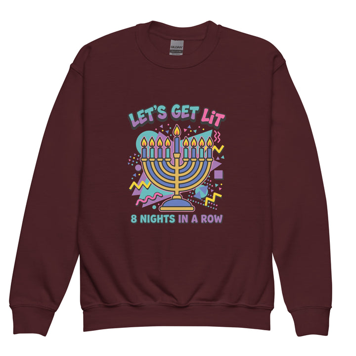 Lets Get Lit 90s Jewish pride kids sweatshirt in Maroon - front view