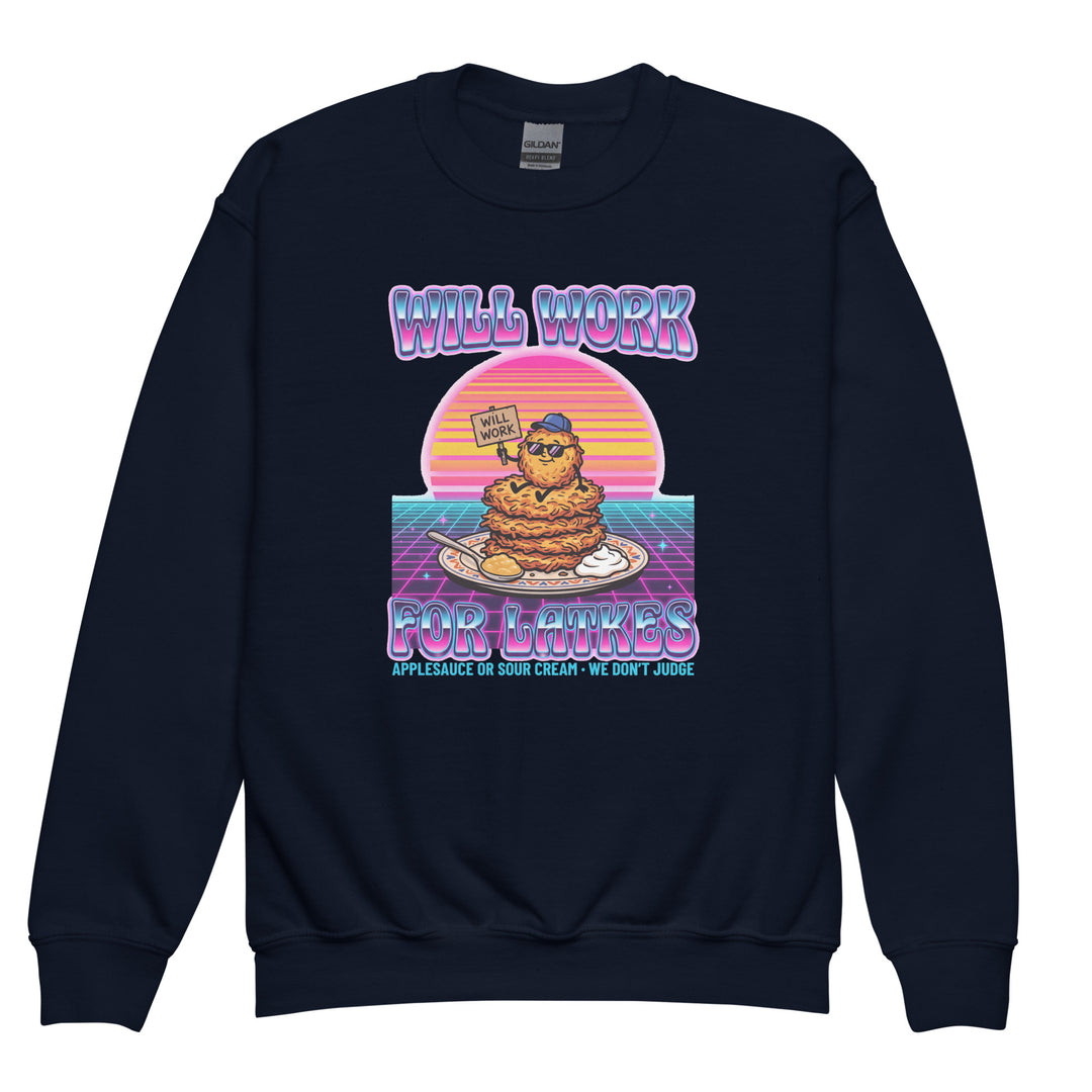 Will Work for Latkes 80s Jewish pride kids sweatshirt in Navy - back view