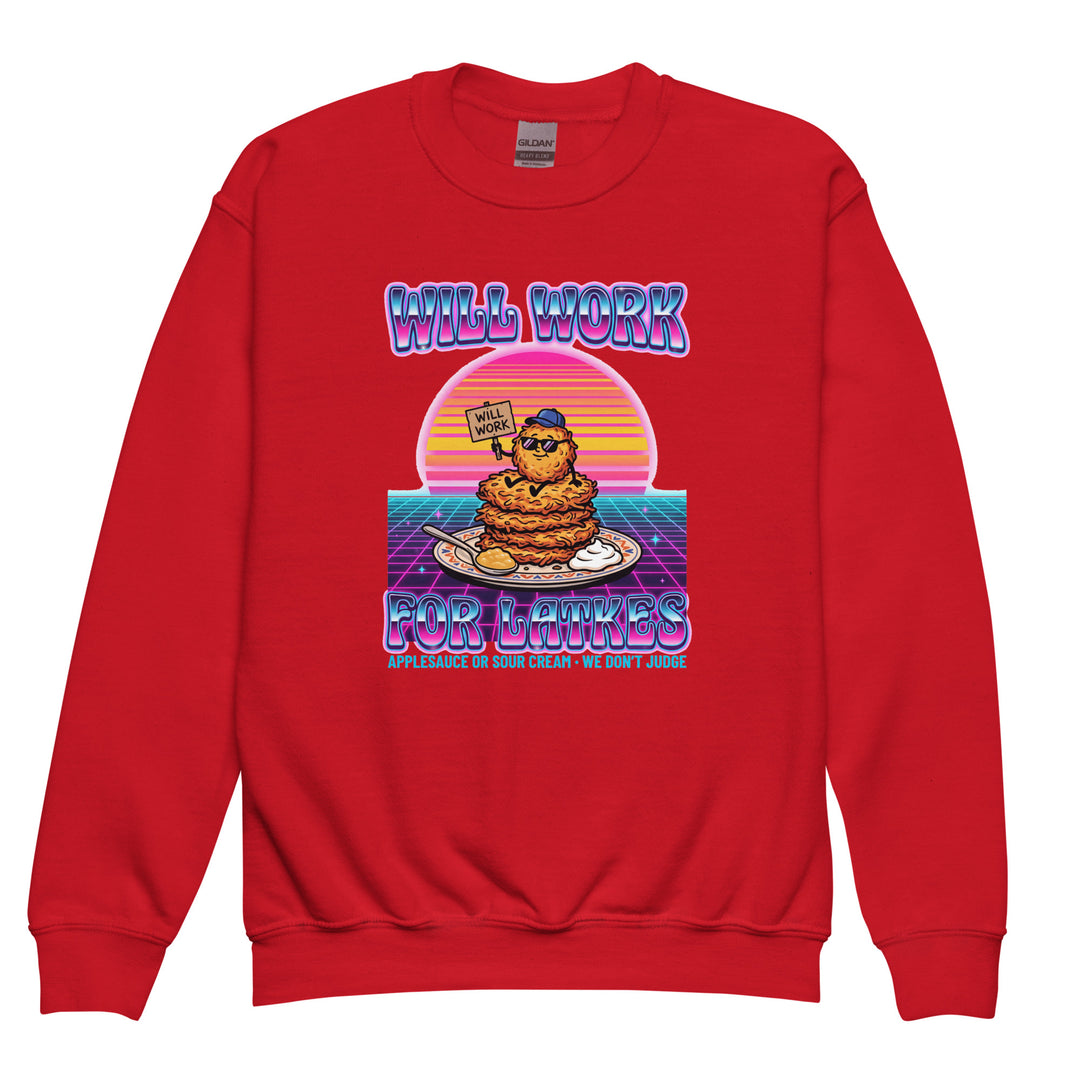 Will Work for Latkes 80s Jewish pride kids sweatshirt in Red - close-up