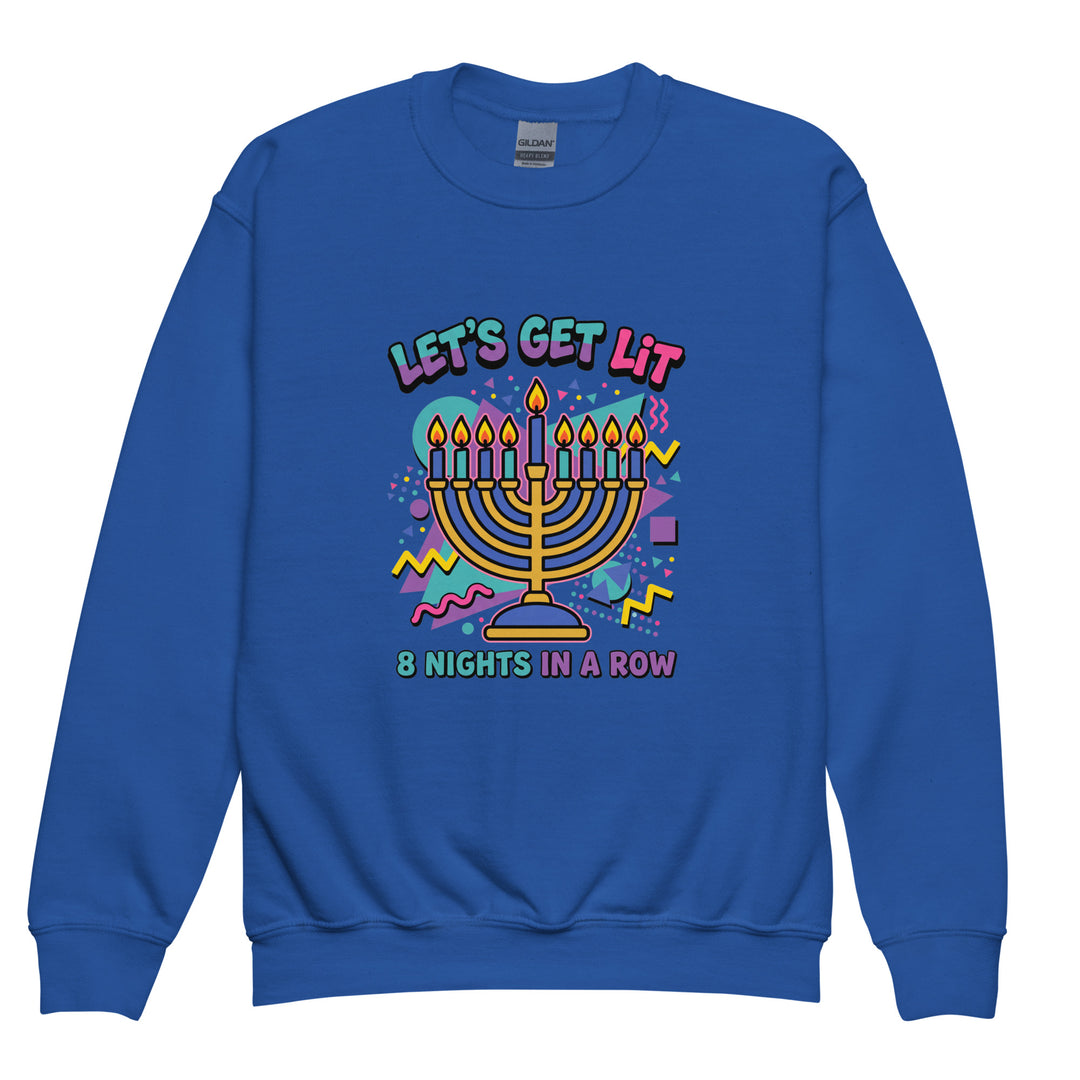 Lets Get Lit 90s Jewish pride kids sweatshirt in Royal - flat lay