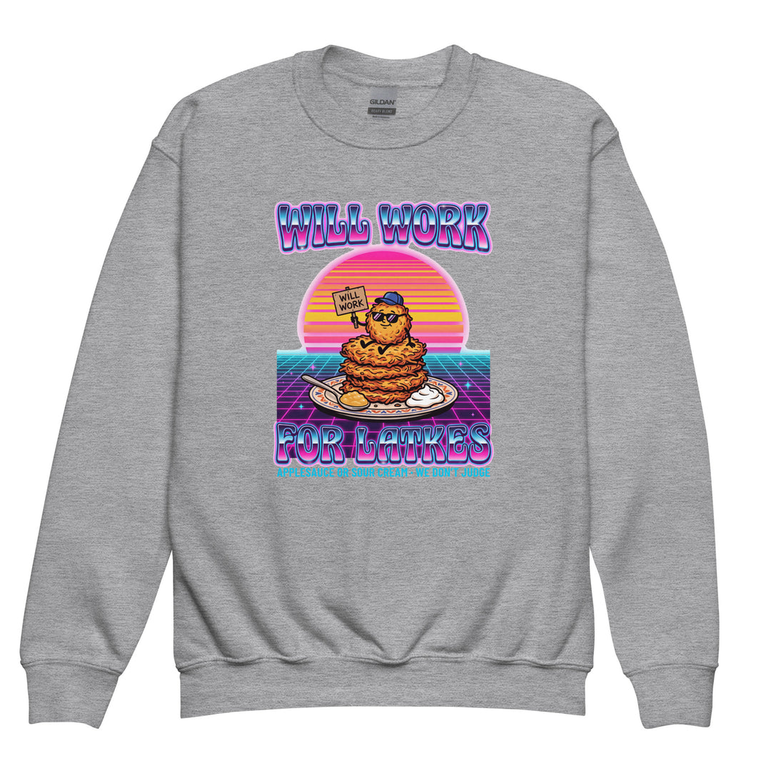 Will Work for Latkes 80s Jewish pride kids sweatshirt in Sport Grey - lifestyle shot