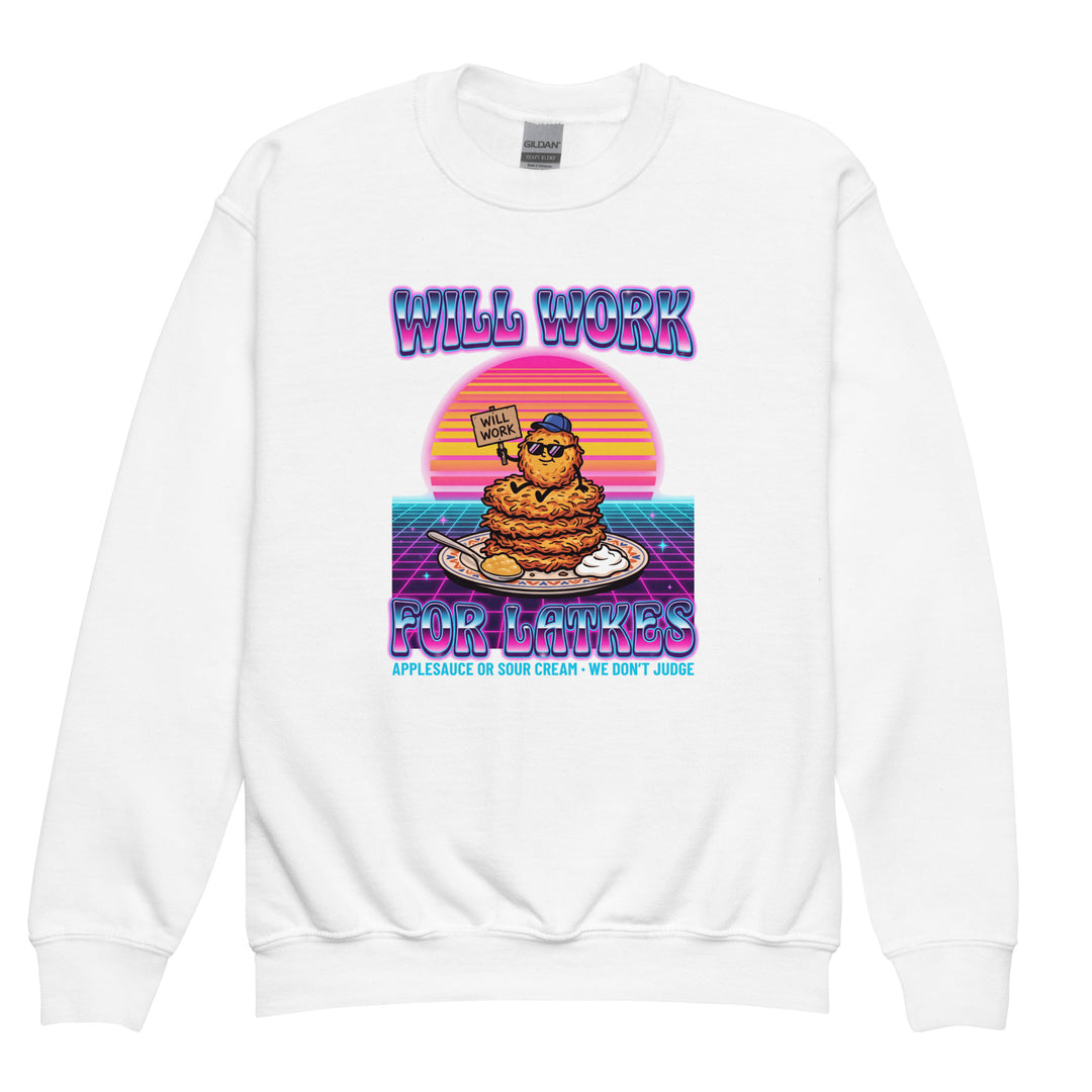 Will Work for Latkes 80s Jewish pride kids sweatshirt in White - side view