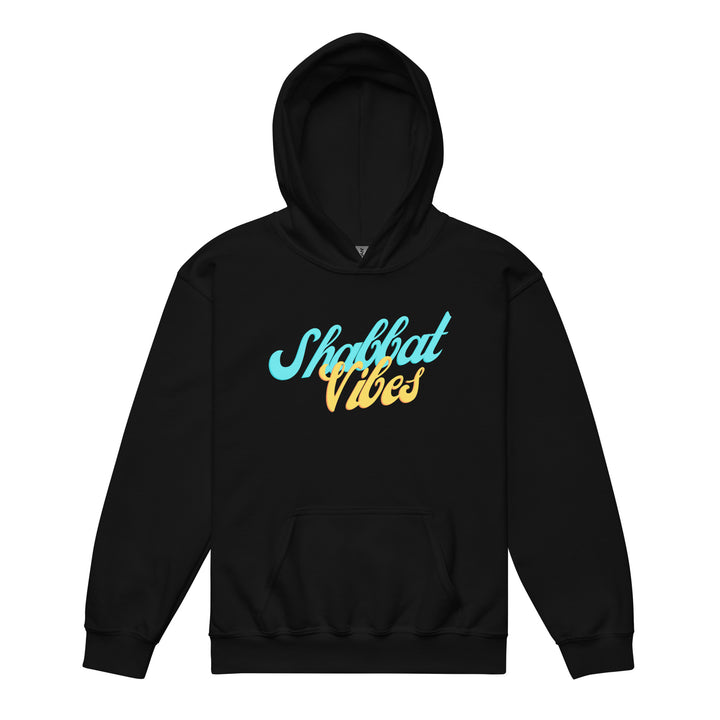 Shabbat Vibes Jewish pride kids heavy blend hoodie in Black - front view
