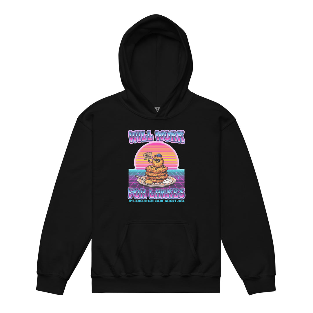 Will Work for Latkes 80s Jewish pride kids heavy blend hoodie in Black - front view