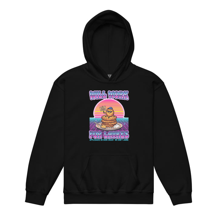 Will Work for Latkes 80s Jewish pride kids heavy blend hoodie in Black - front view