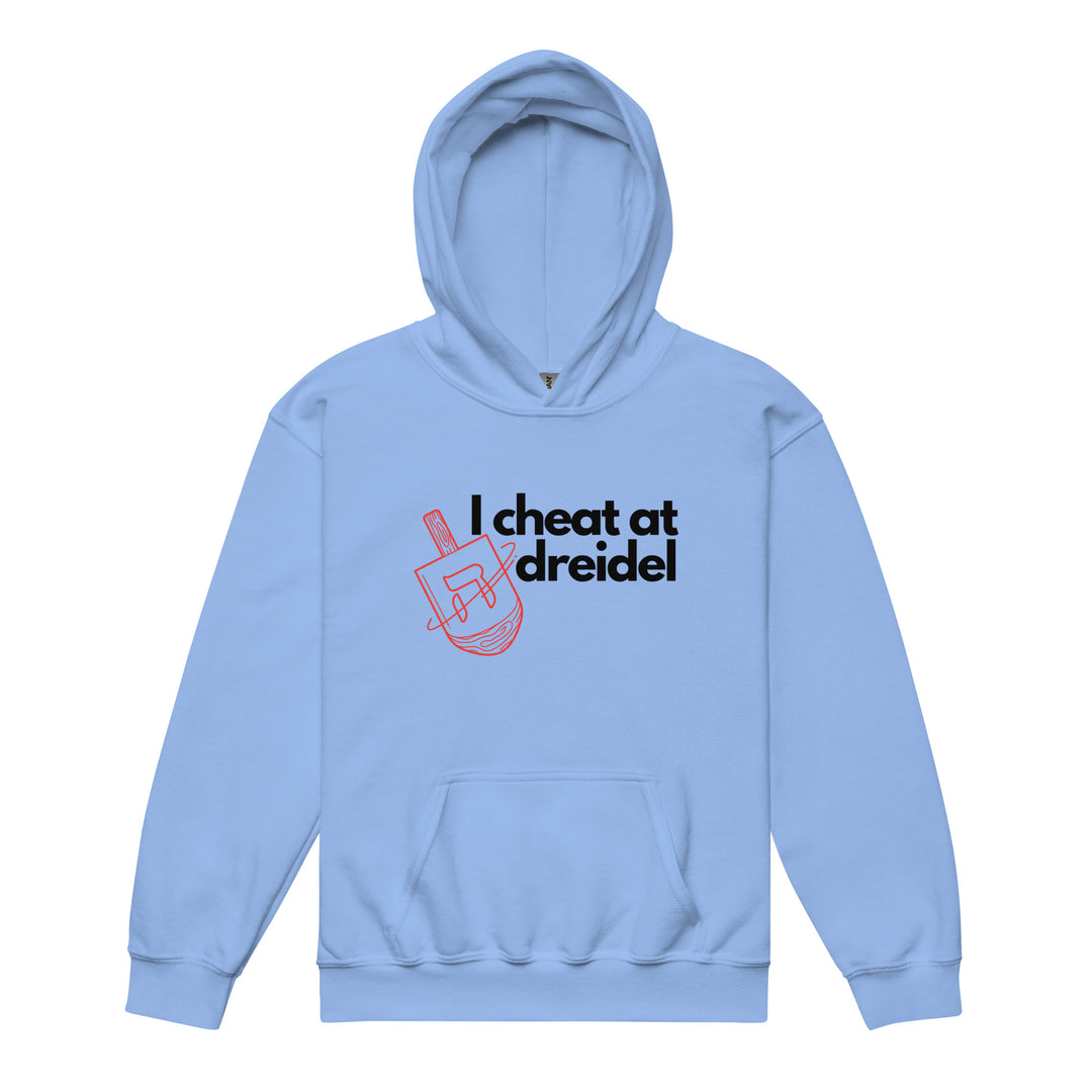 I Cheat At Dreidel Jewish pride kids heavy blend hoodie in Carolina Blue - front view