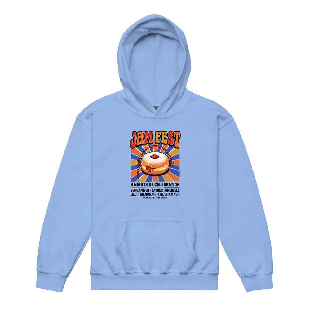 Jam Fest 8 Nights Jewish pride kids heavy blend hoodie in Carolina Blue - back view