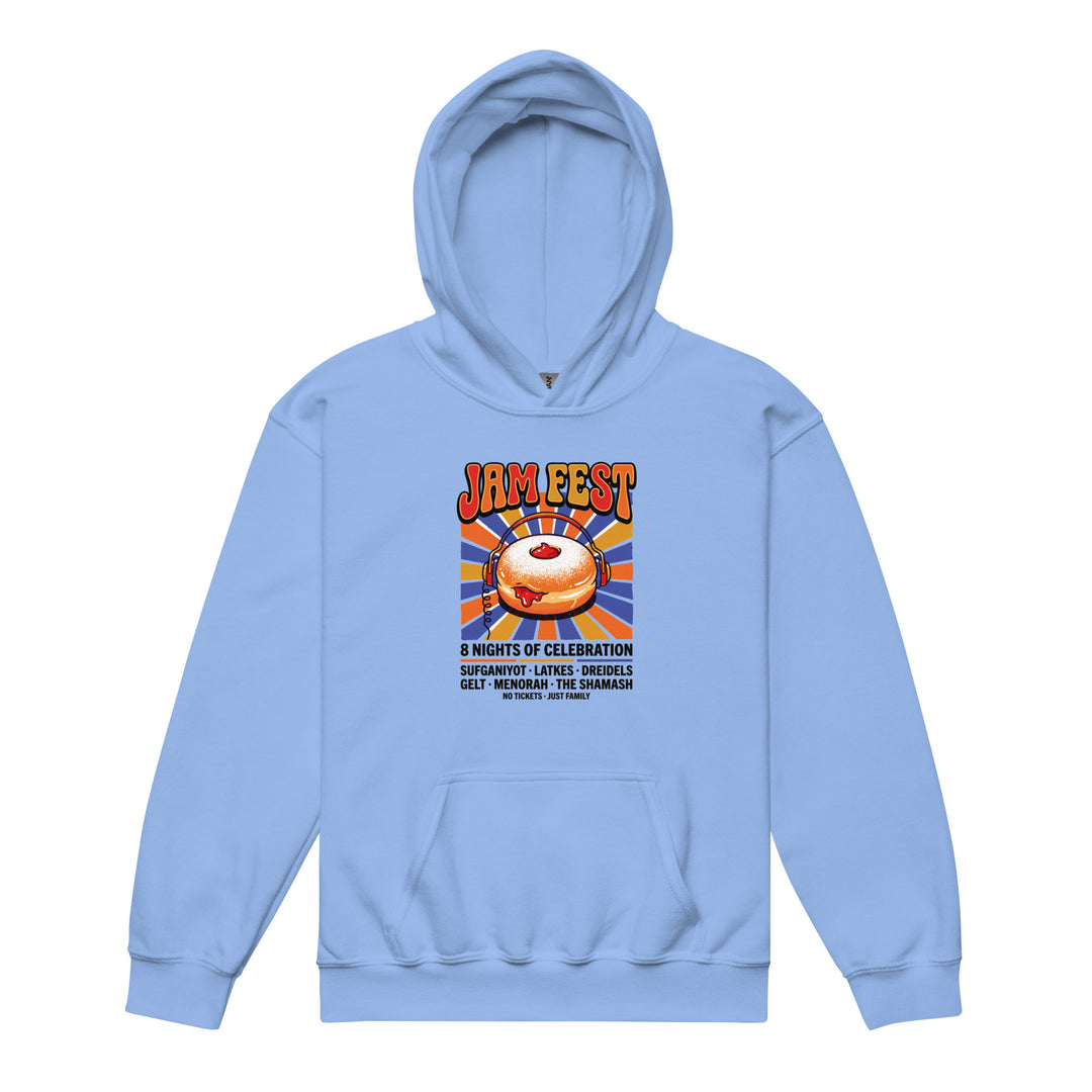 Jam Fest 8 Nights Jewish pride kids heavy blend hoodie in Carolina Blue - back view