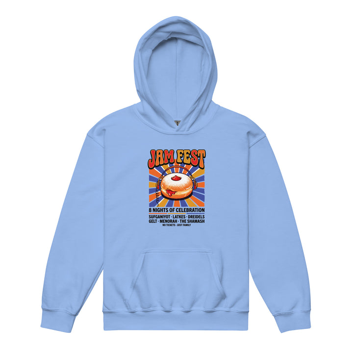 Jam Fest 8 Nights Jewish pride kids heavy blend hoodie in Carolina Blue - back view
