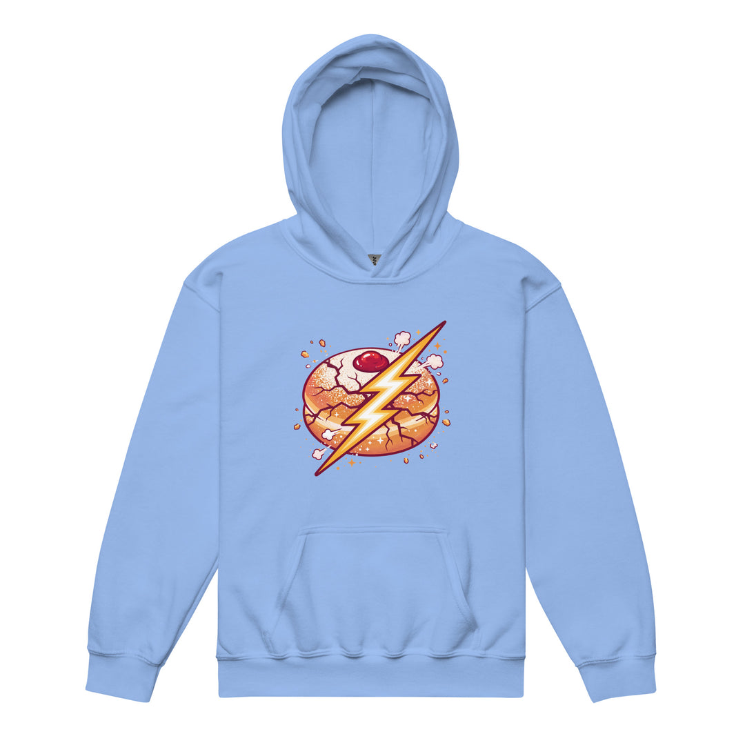 Sufganiyah Lightning Jewish pride kids heavy blend hoodie in Carolina Blue - flat lay