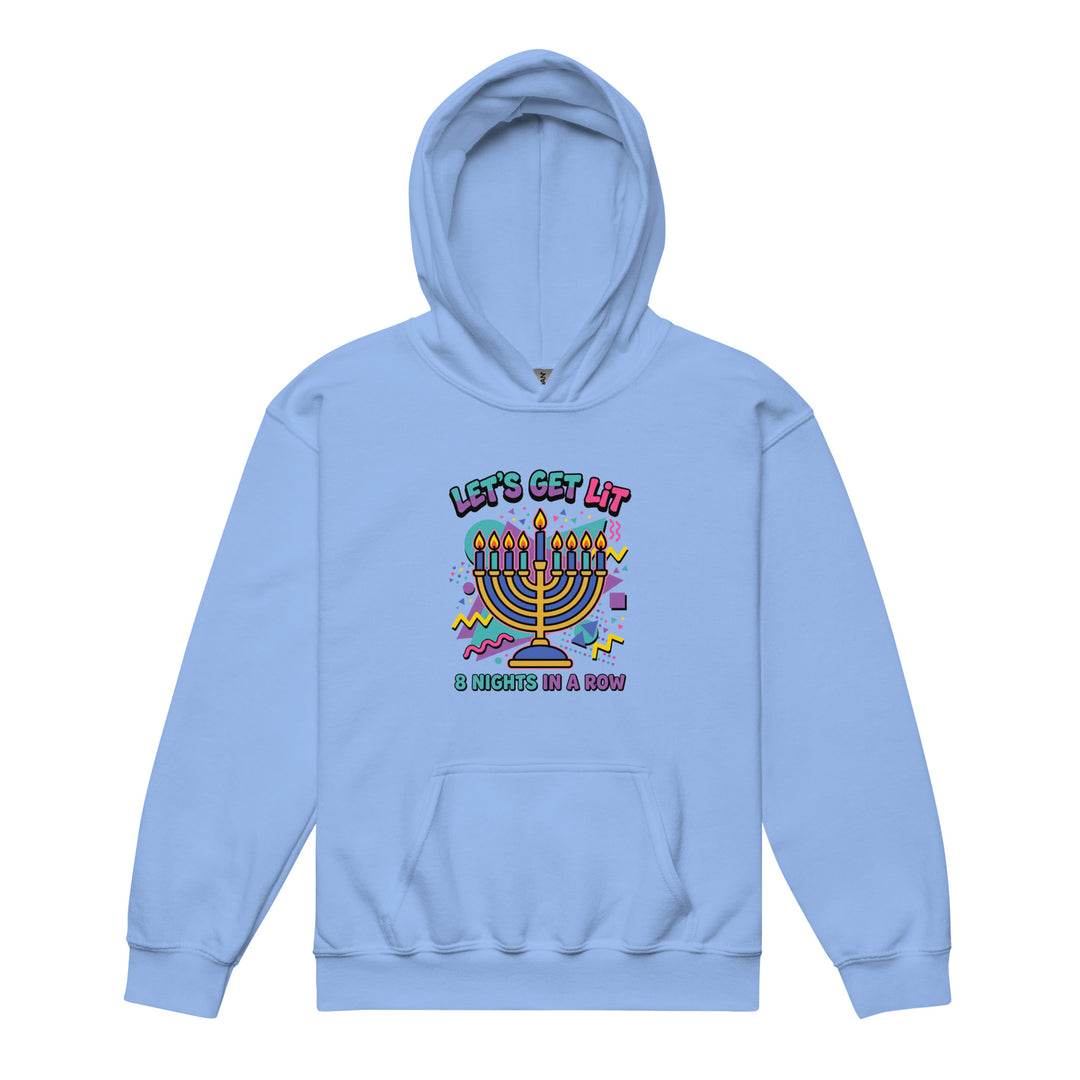 Lets Get Lit 90s Jewish pride kids heavy blend hoodie in Carolina Blue - close-up