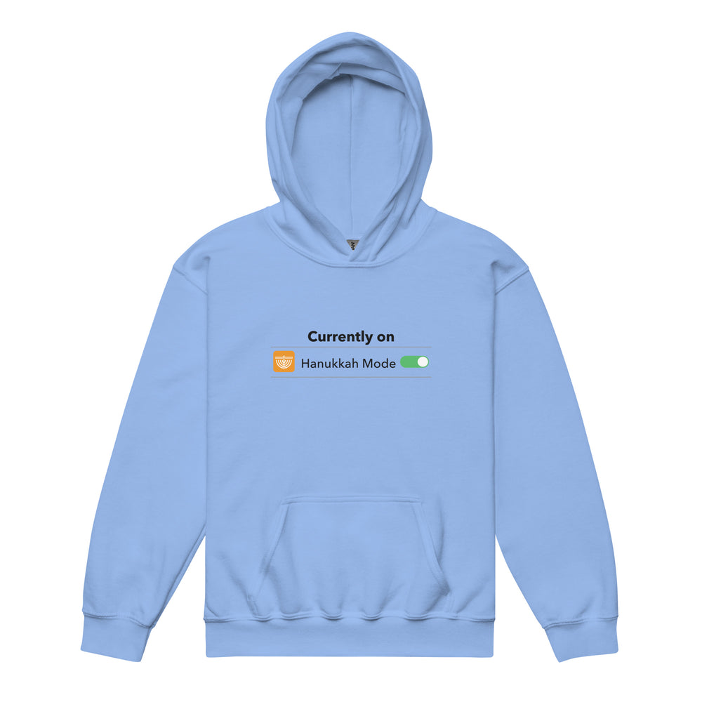 Hanukkah Mode Jewish pride kids heavy blend hoodie in Carolina Blue - back view
