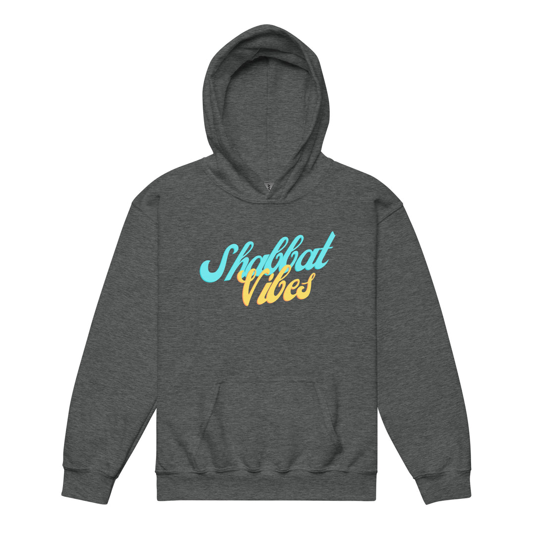 Shabbat Vibes Jewish pride kids heavy blend hoodie in Dark Heather - detail view