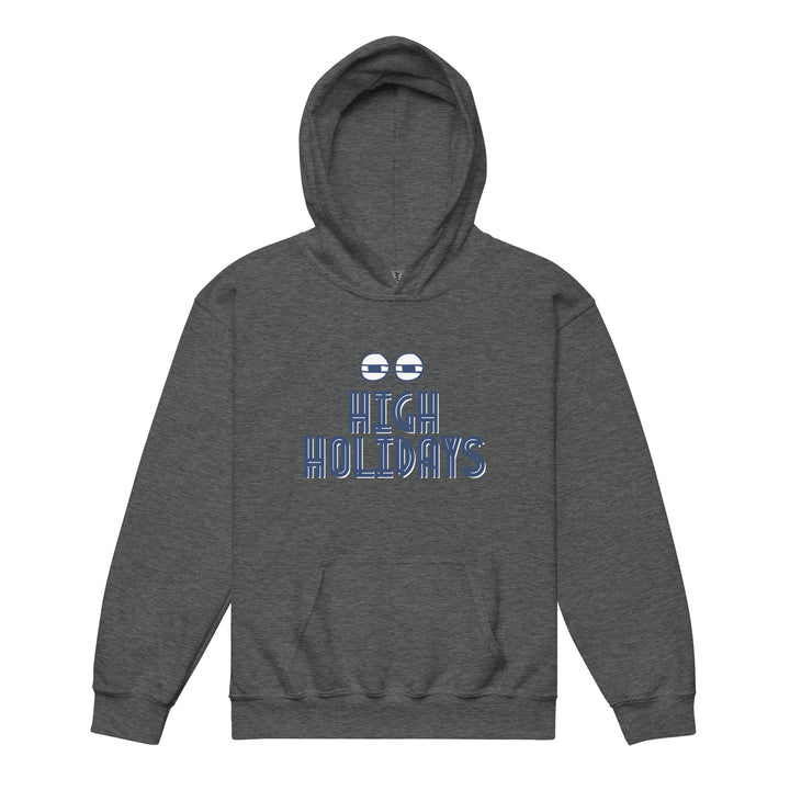 High Holidays Jewish pride kids heavy blend hoodie in Dark Heather - close-up