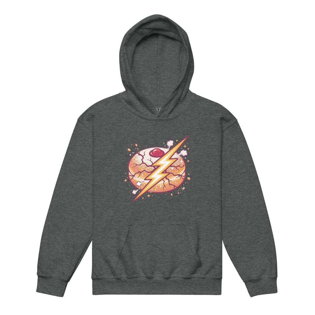 Sufganiyah Lightning Jewish pride kids heavy blend hoodie in Dark Heather - detail view