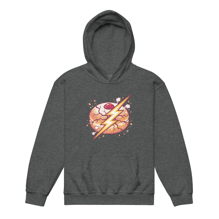 Sufganiyah Lightning Jewish pride kids heavy blend hoodie in Dark Heather - detail view