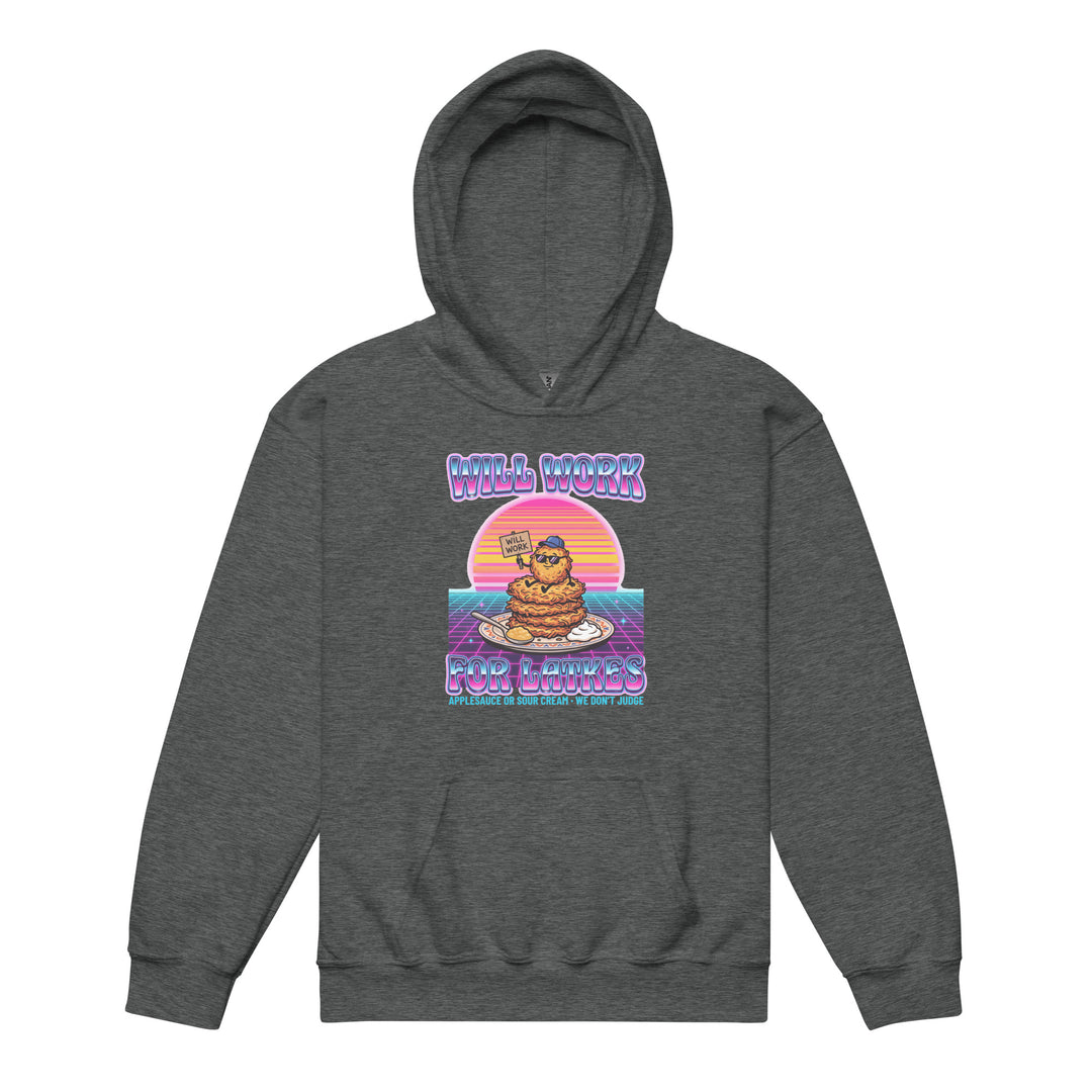 Will Work for Latkes 80s Jewish pride kids heavy blend hoodie in Dark Heather - detail view