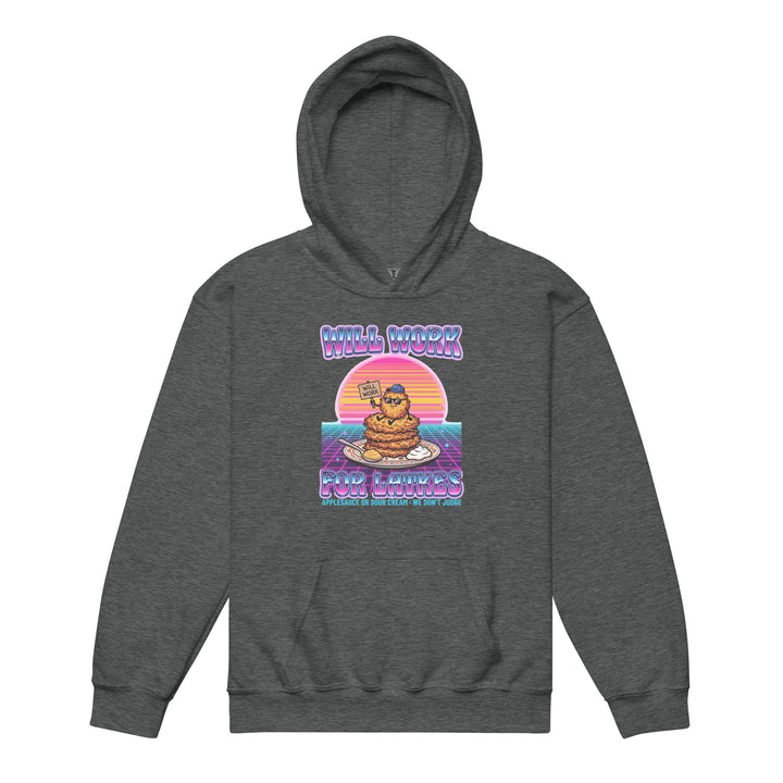 Will Work for Latkes 80s Jewish pride kids heavy blend hoodie in Dark Heather - detail view