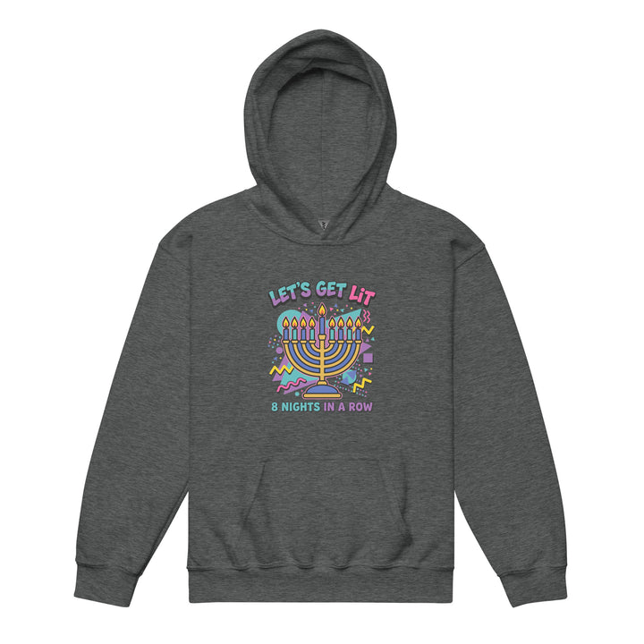 Lets Get Lit 90s Jewish pride kids heavy blend hoodie in Dark Heather - back view