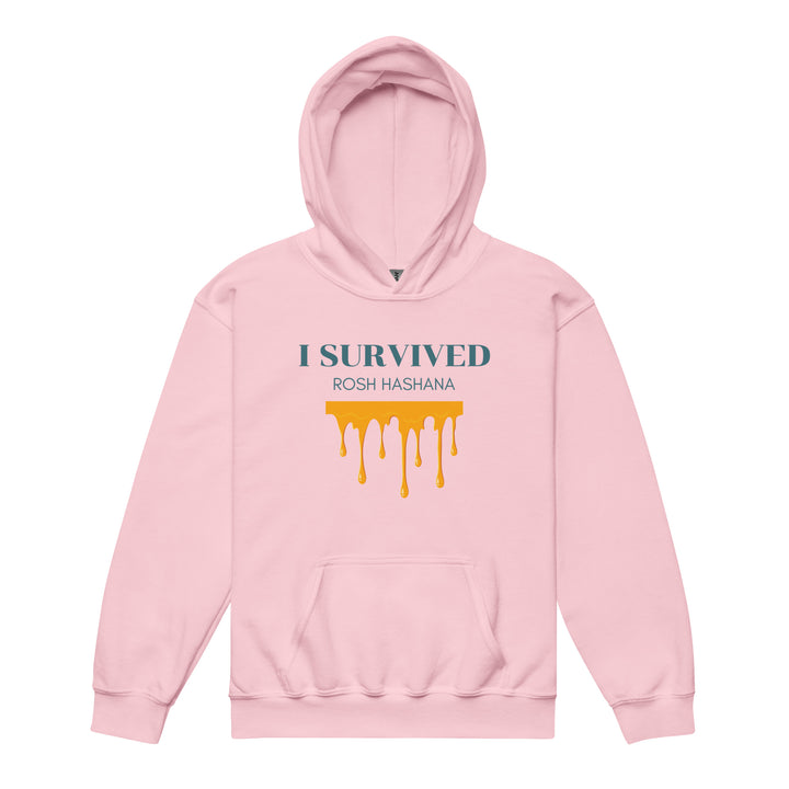 I Survived Rosh HaShana Jewish pride kids heavy blend hoodie in Light Pink - flat lay