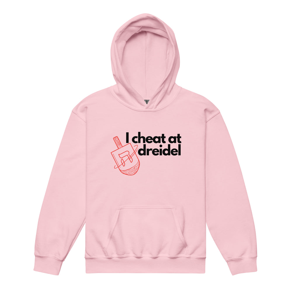 I Cheat At Dreidel Jewish pride kids heavy blend hoodie in Light Pink - back view