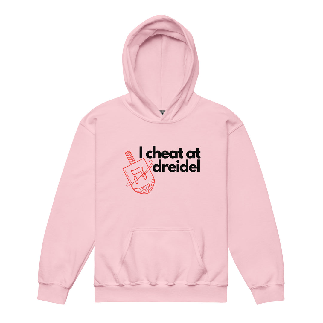 I Cheat At Dreidel Jewish pride kids heavy blend hoodie in Light Pink - back view